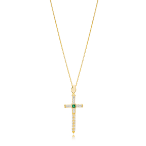 Emerald Zircon Stone Cross Charm Pendant Necklace 925 Sterling Silver Jewelry