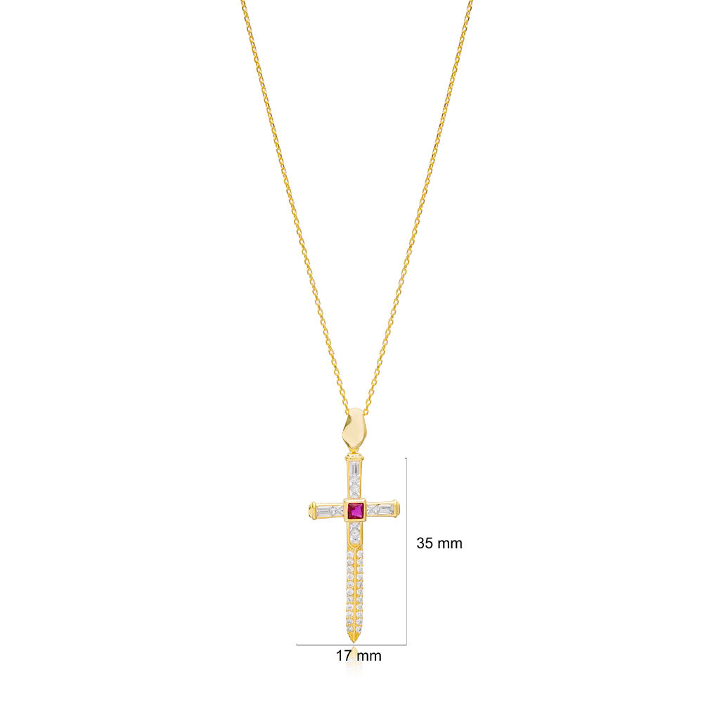 Ruby Zircon Stone Cross Charm Pendant Necklace 925 Sterling Silver Jewelry