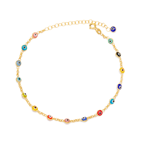Multicolor Evil Eye Stone Doc Rolo Chain Women Trendy Anklet Handcrafted 925 Sterling Silver Jewelry
