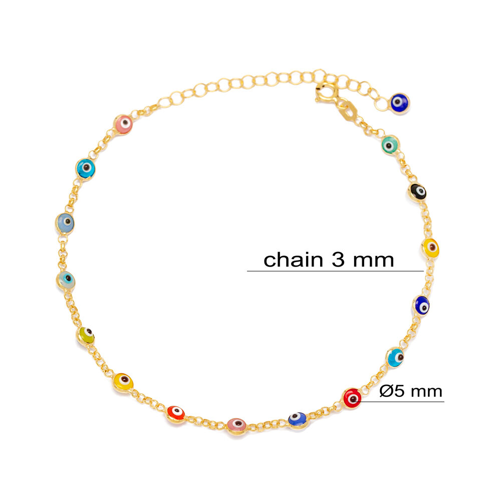 30 Forse Doc Rolo Chain Multicolor Evil Eye Stone Women Trendy Anklet 925 Sterling Silver Jewelry