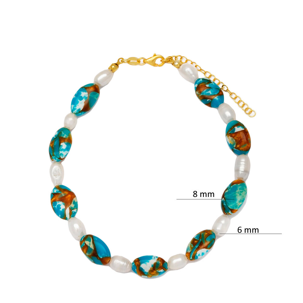 Dainty Turquoise Stone and Pearl Women Anklet Wholesale Turkish 925 Sterling Silver Jewelry