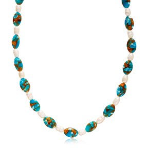 Turquoise Stone and Pearl Necklace Pendant Wholesale Turkish 925 Sterling Silver Jewelry