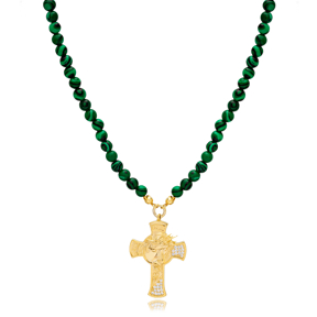 4 mm Green Coral Stone Cross Charm Necklace Pendant Handmade Turkish 925 Sterling Silver