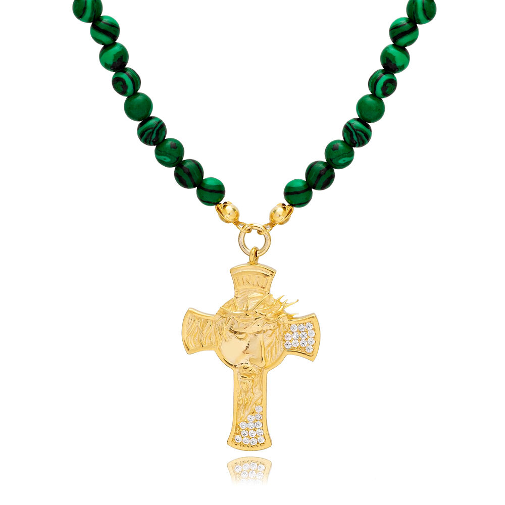 4 mm Green Coral Stone Cross Charm Necklace Pendant Handmade Turkish 925 Sterling Silver