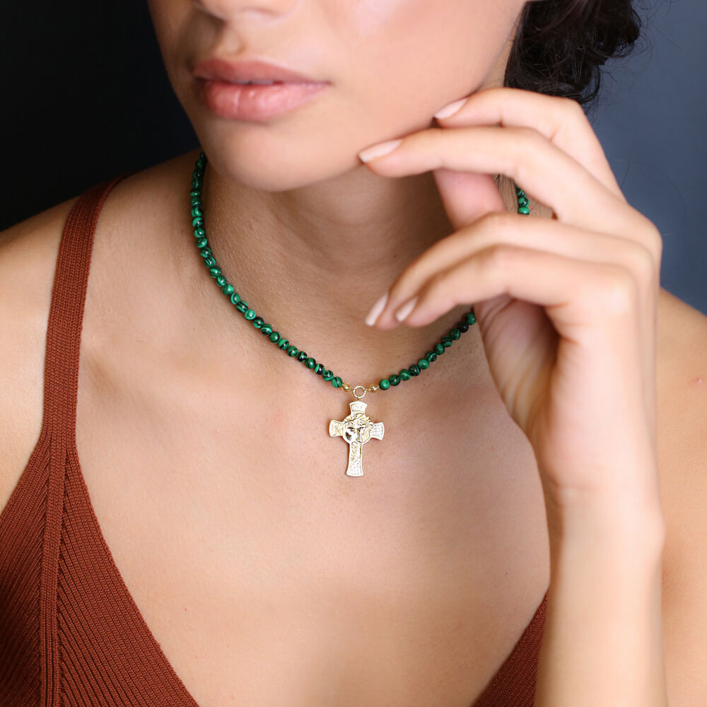 4 mm Diameter Green Coral Stone Cross Charm Necklace Pendant Handmade Turkish 925 Sterling Silver