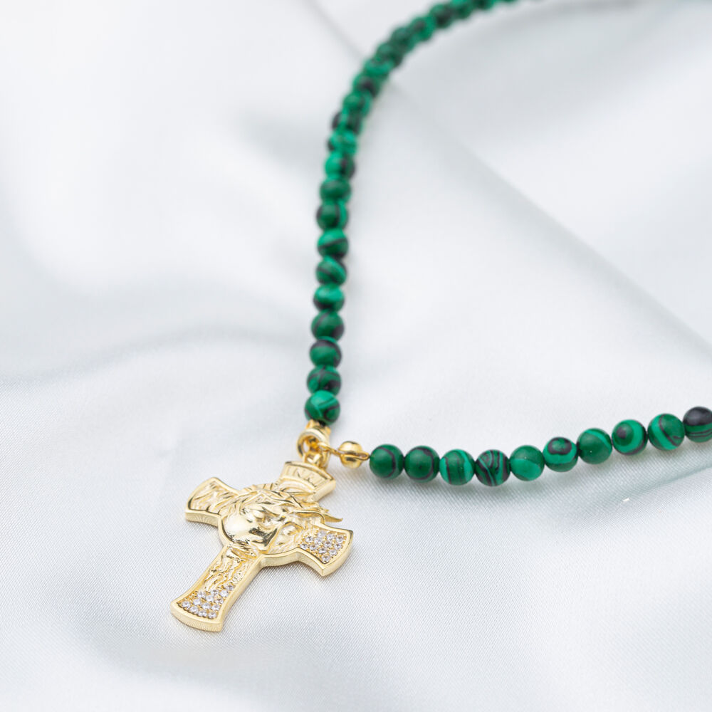 4 mm Diameter Green Coral Stone Cross Charm Necklace Pendant Handmade Turkish 925 Sterling Silver