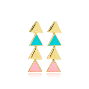 Colorful Enamel Geometric Triangle Design Stud Earrings Handmade Turkish 925 Sterling Silver Jewelry