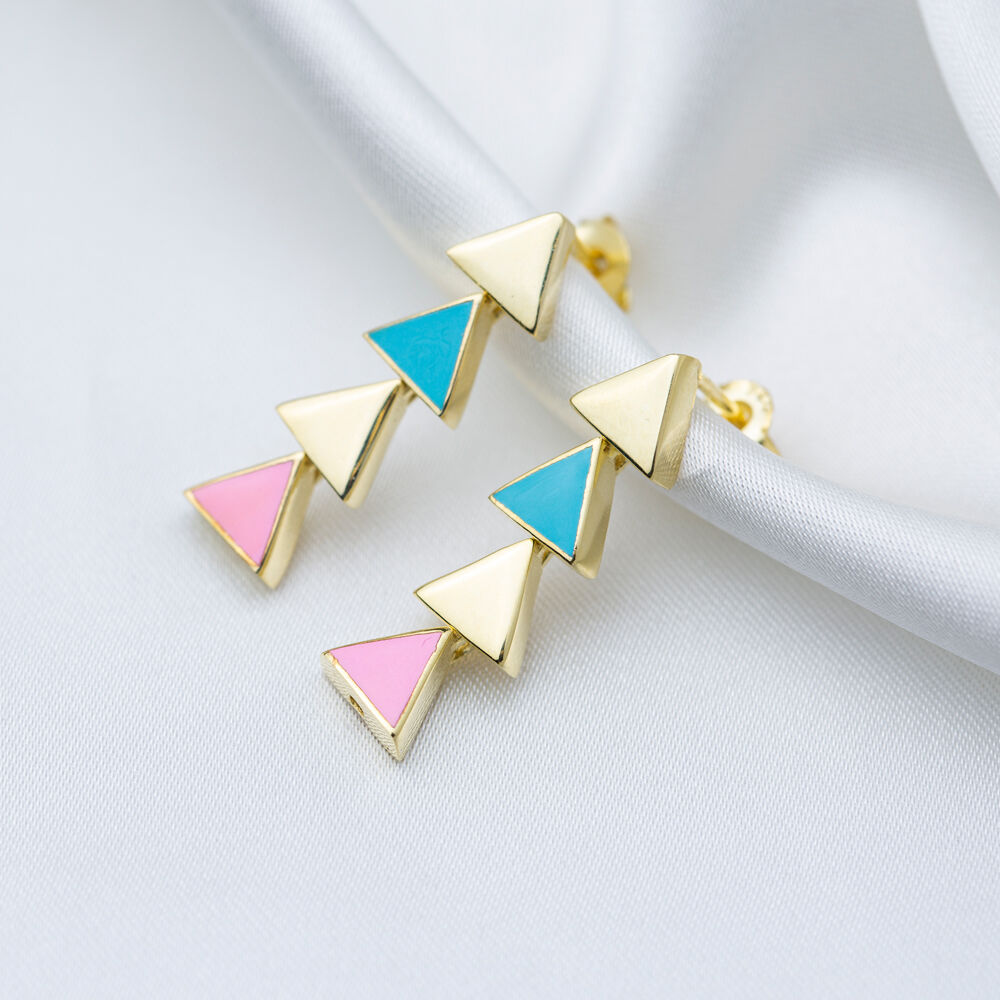 Colorful Enamel Geometric Triangle Design Stud Earrings Handmade Turkish 925 Sterling Silver Jewelry