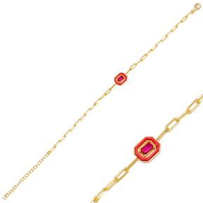 Rectangle Design Red Enamel Ruby Stone Charm Bracelet 925 Sterling Silver Jewelry