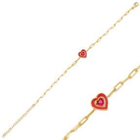 Heart Design Design Red Enamel Ruby Stone Charm Bracelet 925 Sterling Silver Jewelry