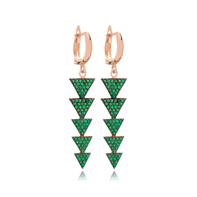 Emerald Stone Dangle Clip On Triangle Desing Long Earrings Turkish Wholesale Sterling Silver