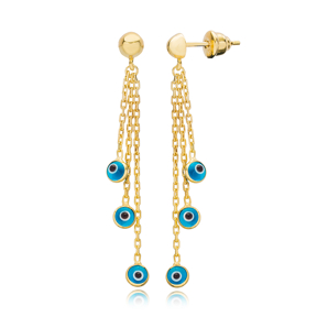 Turquoise Evil Eye Design Charms Long Earrings Wholesale Turkish Handmade 925 Silver Sterling Jewelry