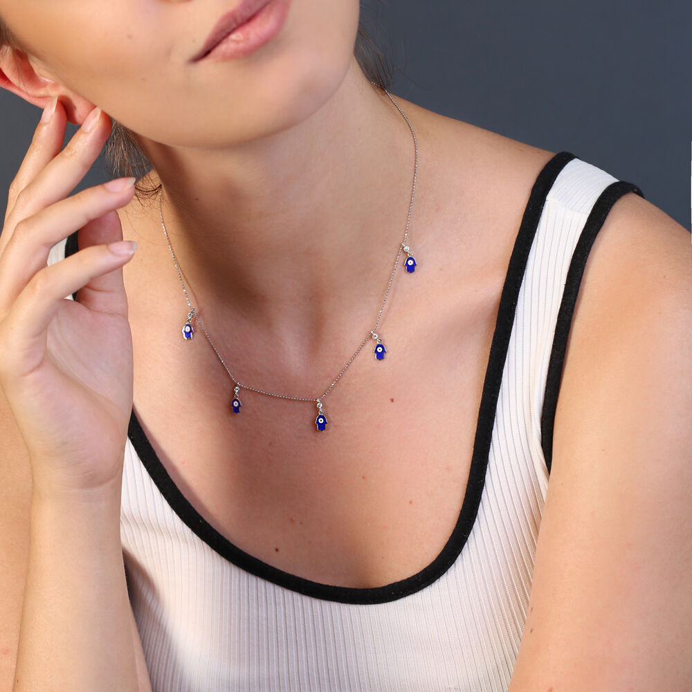 Dark Blue Enamel Hamsa Charm Jewelry Wholesale Handmade 925 Silver Sterling Necklace
