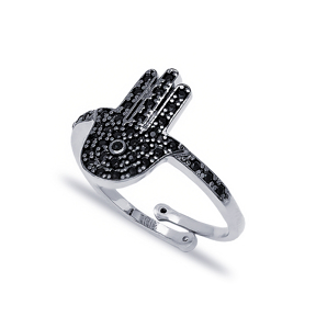 Hamsa Shape Black Zircon Adjustable Ring Turkish Handcrafted Wholesale 925 Sterling Silver Jewelry