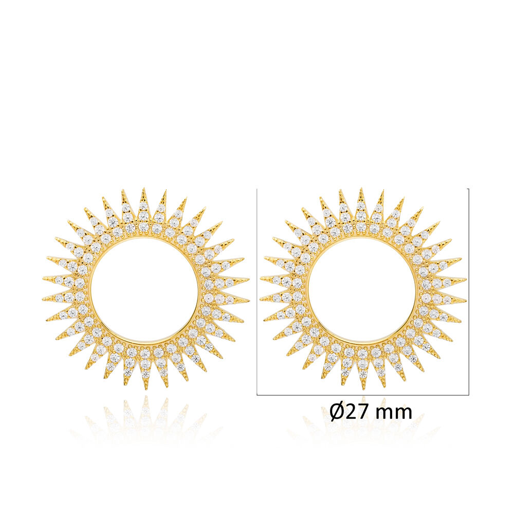 Sun Design Hollow Round Dainty Stud Earrings Turkish Handmade 925 Sterling Silver Jewelry