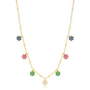 Colorful Flower Design Dainty Shaker Necklace Turkish Handmade 925 Sterling Silver Jewelry