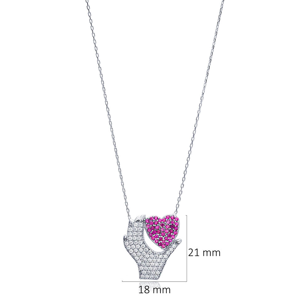Heart in Hand Ruby Zircon Stone Charm Necklace Pendant Wholesale 925 Sterling Silver Jewelry