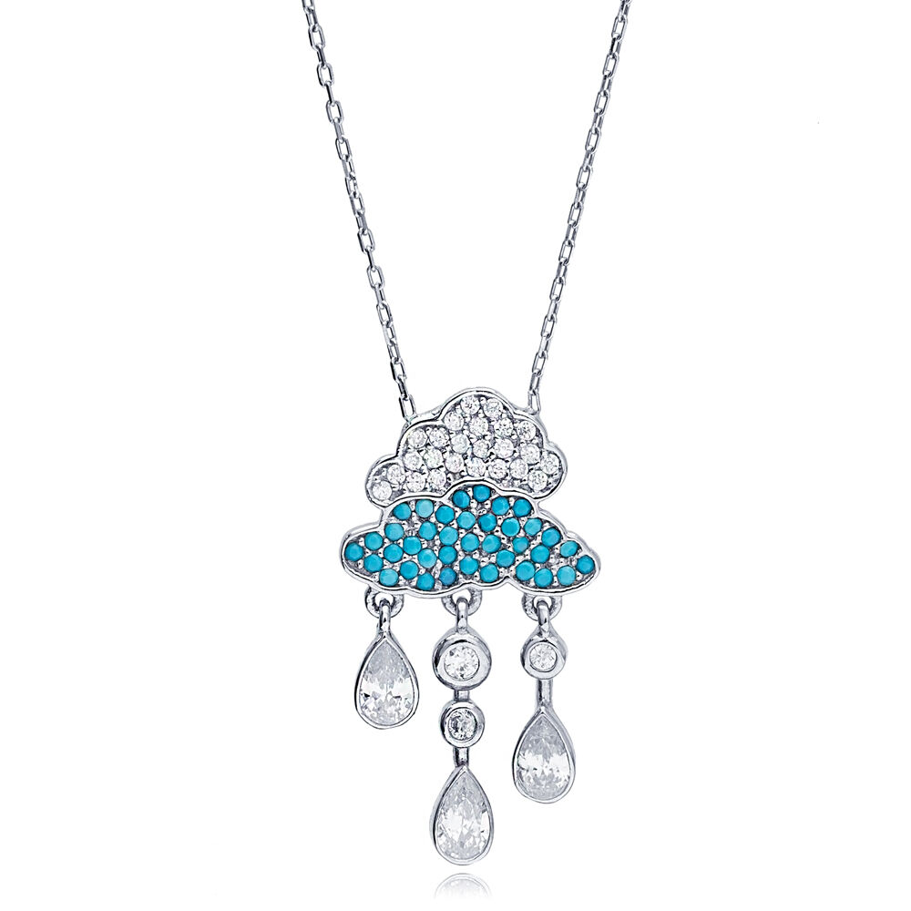 Elegant Cloud Charm Teardrop Turquoise Zircon Stone Charm Pendant Necklace 925 Sterling Silver Jewelry