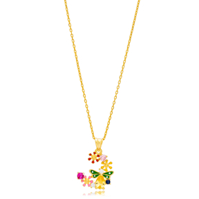 Multicolor Zircon Enamel Flower Butterfly Design Charm Pendant Necklace Wholesale Turkish 925 Sterling Silver Jewelry