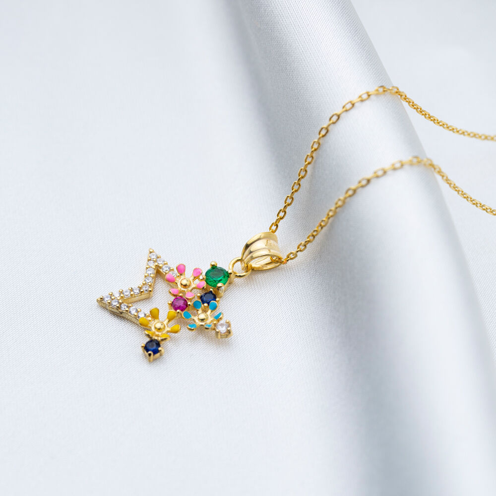 Elegant Star Shape Multicolor Zircon Charm Pendant Necklace Wholesale Turkish 925 Sterling Silver Jewelry