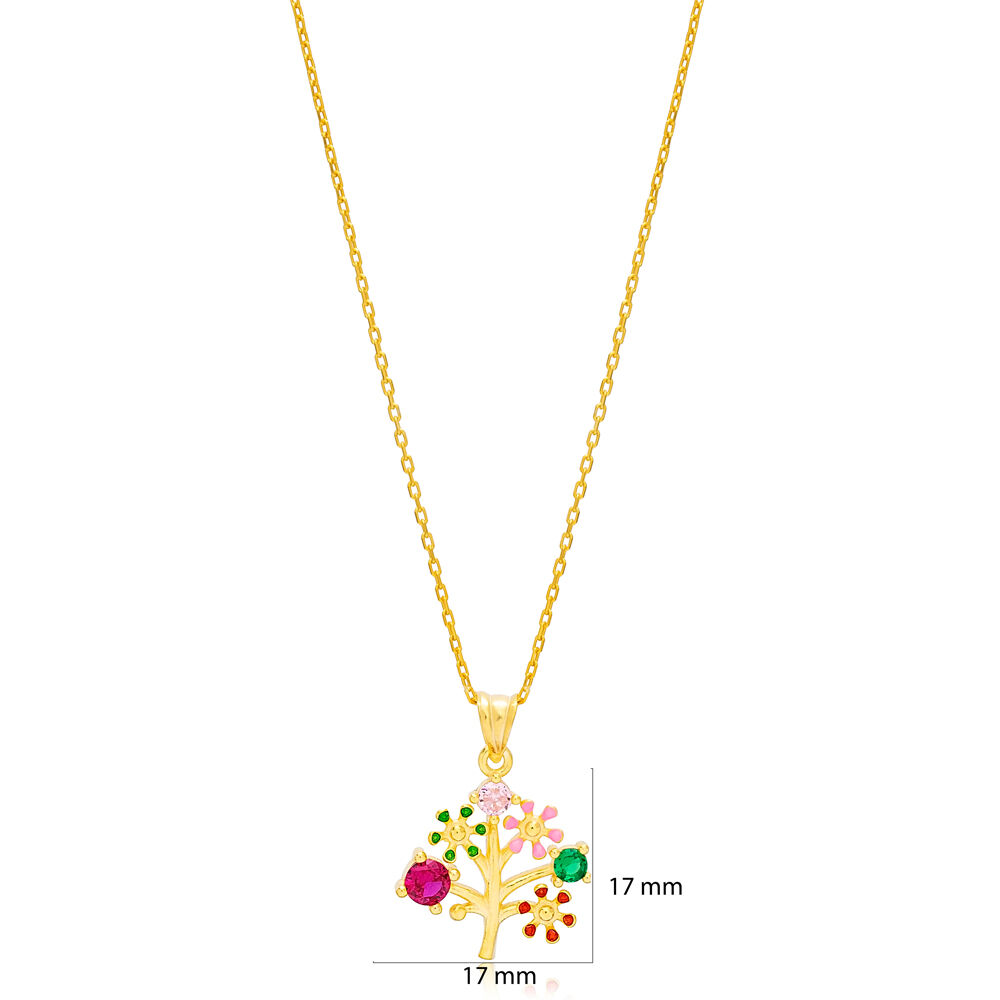 Colorful Zircon Stone Enamel Tree Design Charm Pendant Necklace Turkish Wholesale 925 Sterling Silver Jewelry