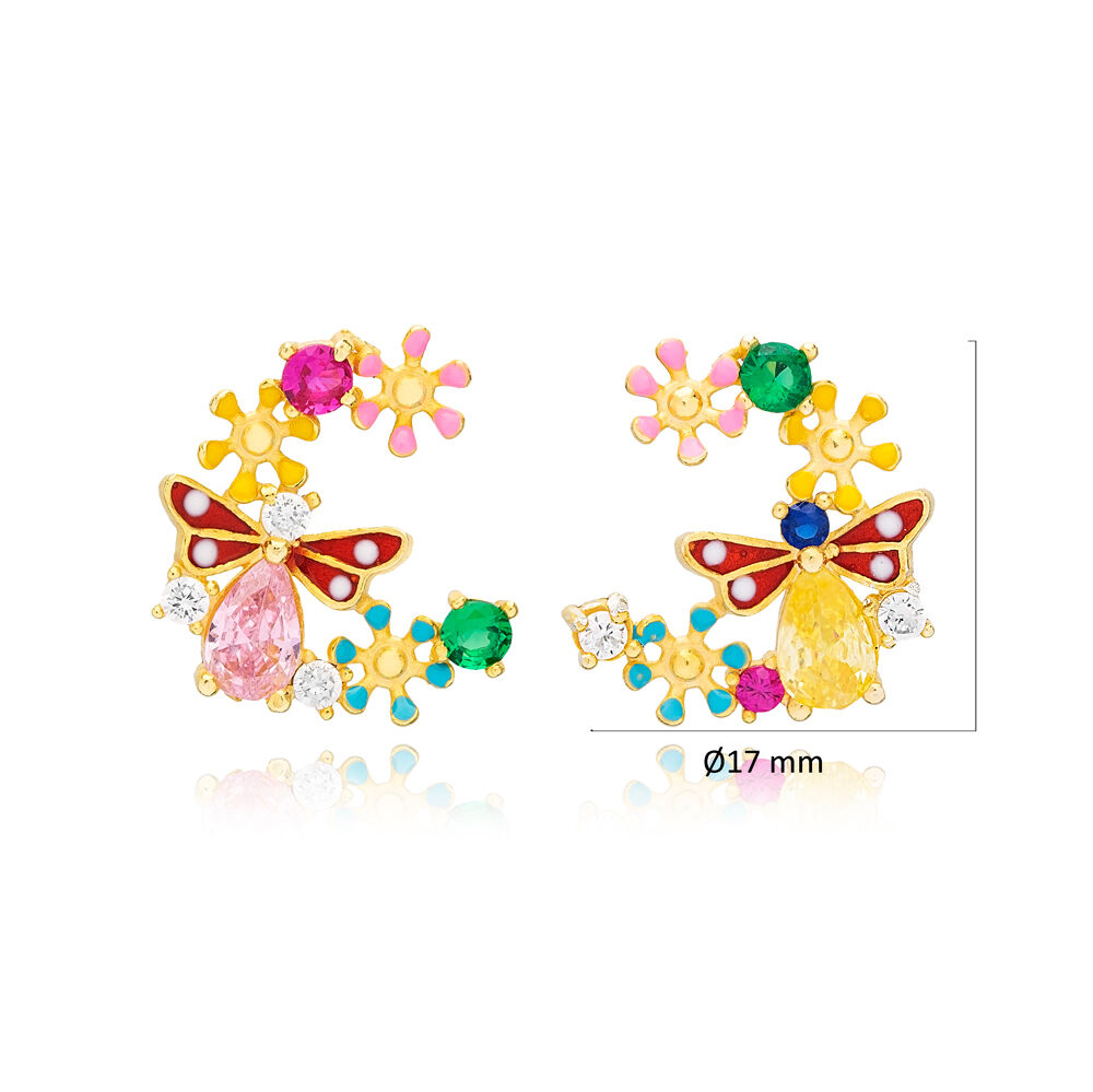 Multicolor Zircon Enamel Flower Butterfly Design Stud Earrings Wholesale Turkish 925 Sterling Silver Jewelry