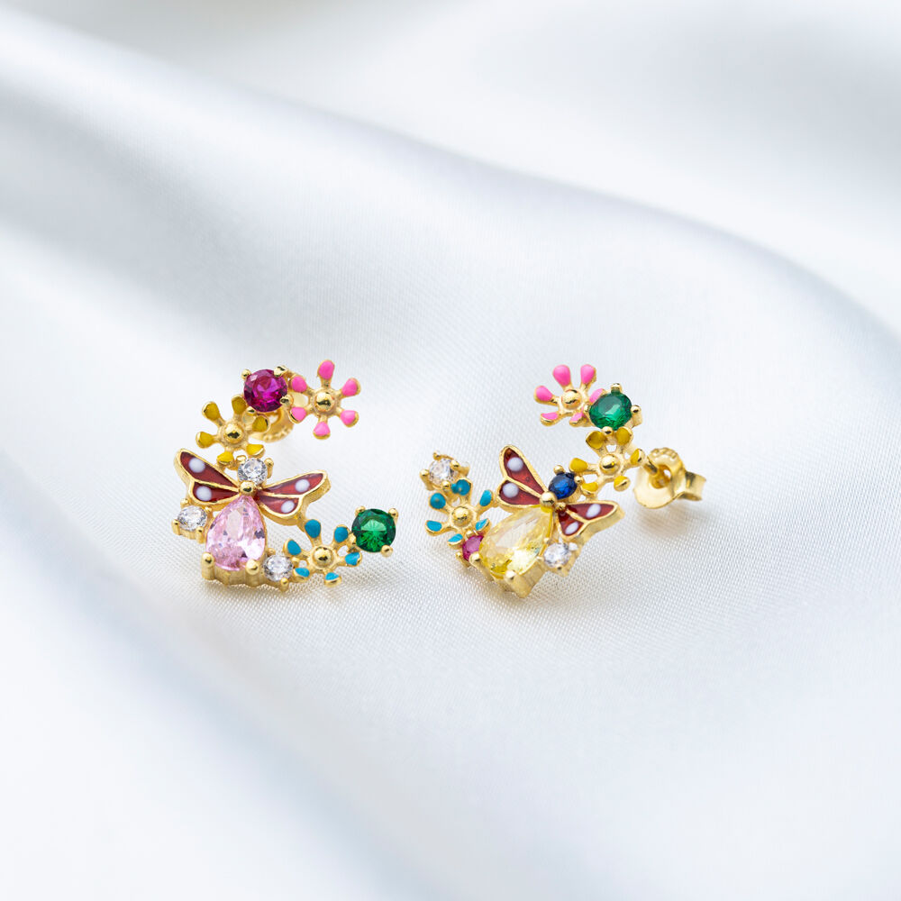 Multicolor Zircon Enamel Flower Butterfly Design Stud Earrings Wholesale Turkish 925 Sterling Silver Jewelry