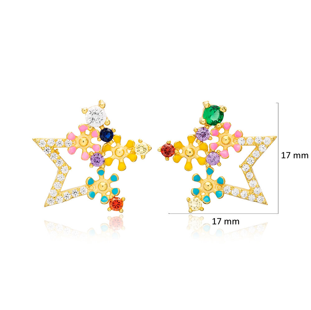 Multicolor Zircon Enamel Flower Star Design Stud Earrings Wholesale Turkish 925 Sterling Silver Jewelry