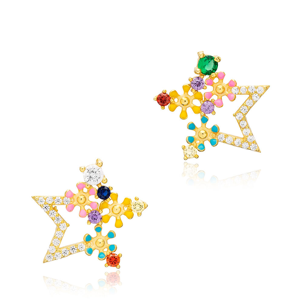Multicolor Zircon Enamel Flower Star Design Stud Earrings Wholesale Turkish 925 Sterling Silver Jewelry