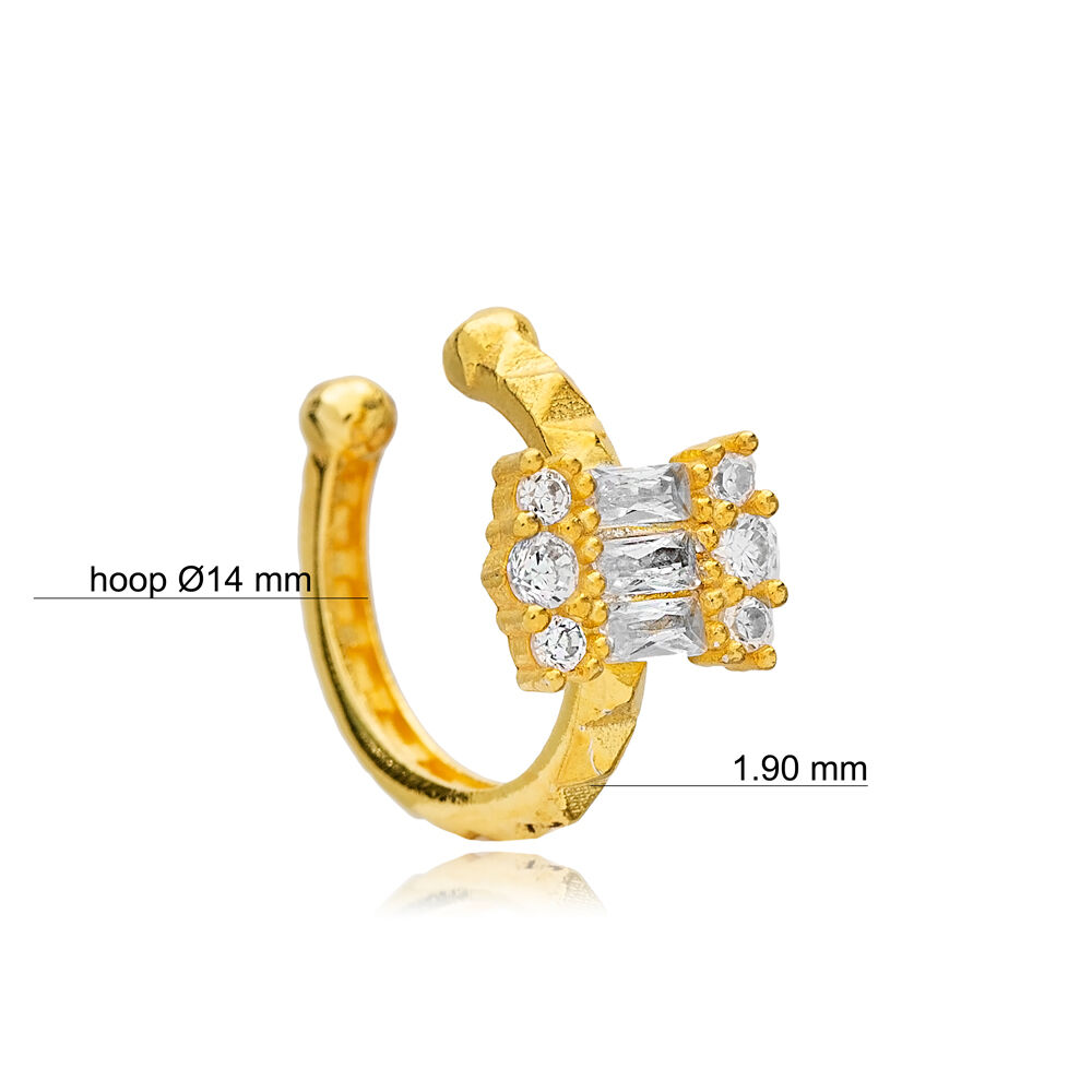 Chic Baguette Shape  Zircon Stone Cartilage Earring Handcrafted Turkish 925 Sterling Silver Jewelry