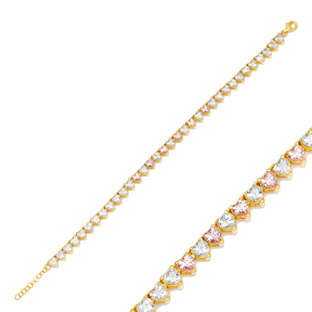 Pink Zircon Stone Heart Design Dainty Tennis Bracelet Handmade Turkish 925 Sterling Silver Jewelry
