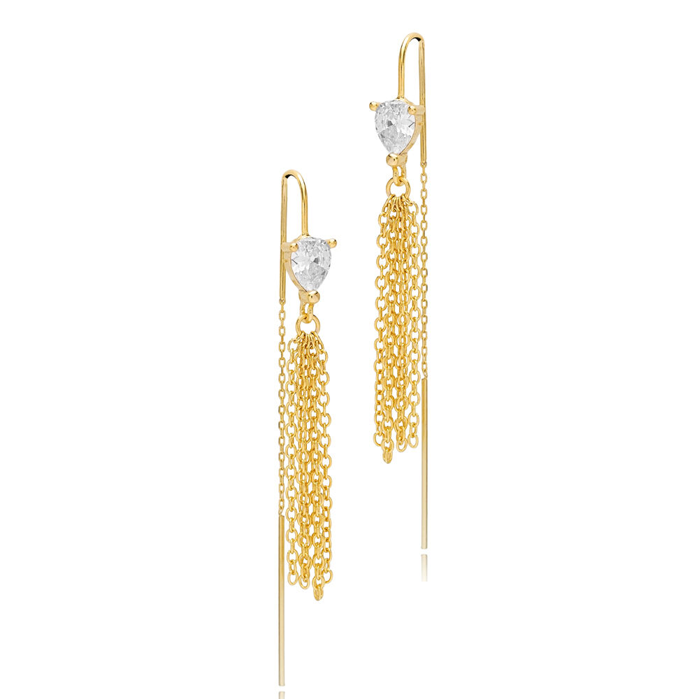 Elegant Pear Drop Tassel Threader Earrings Turkish Handmade 925 Sterling Silver Jewelry