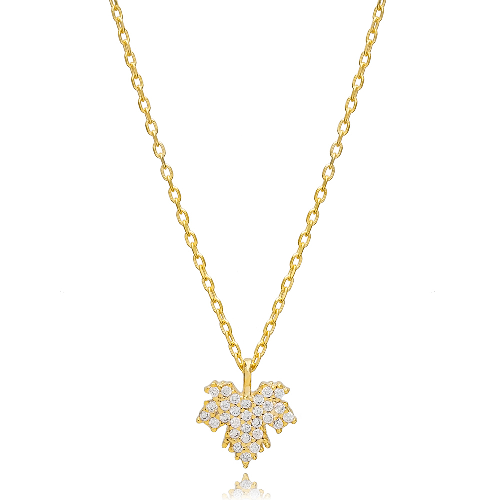 Minimalist Zircon Stone Grape Leaf Charm Necklace Pendant Turkish Wholesale 925 Sterling Silver Jewellery