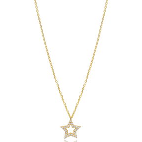 CZ Stone Tiny Hollow Star Charm Necklace Pendant Turkish Wholesale 925 Sterling Silver Jewelry