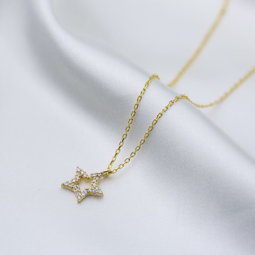 CZ Stone Tiny Hollow Star Charm Necklace Pendant Turkish Wholesale 925 Sterling Silver Jewelry