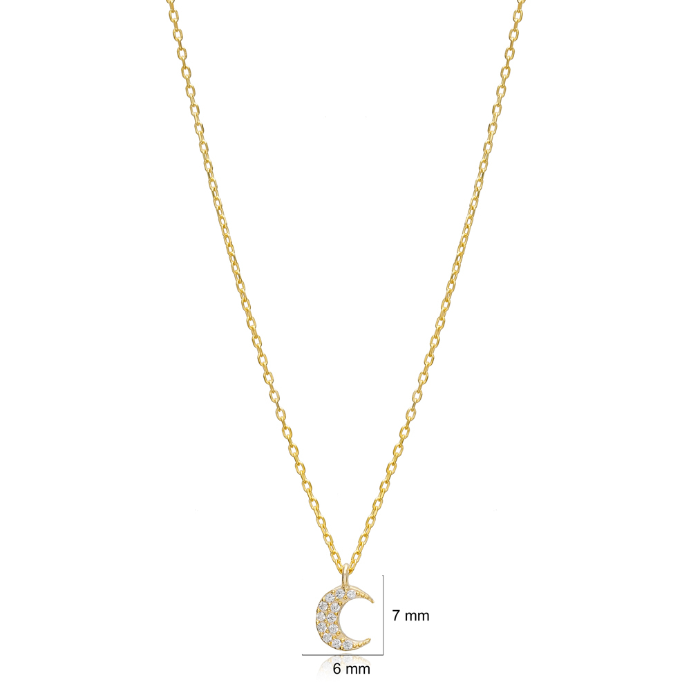 Minimalist Moon Zircon Charm Necklace Pendant Turkish Wholesale 925 Sterling Silver Jewelry