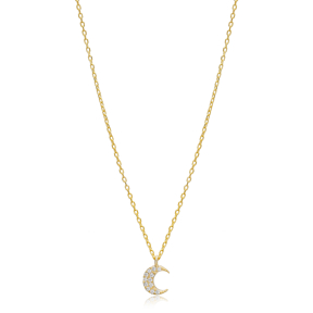 Minimalist Moon Zircon Charm Necklace Pendant Turkish Wholesale 925 Sterling Silver Jewelry
