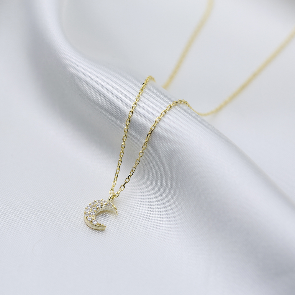 Minimalist Moon Zircon Charm Necklace Pendant Turkish Wholesale 925 Sterling Silver Jewelry