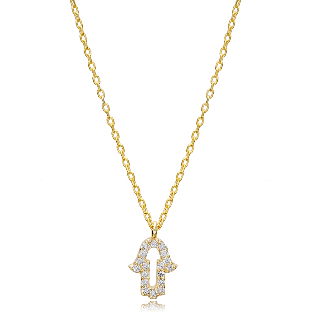 Minimalist Hamsa Zircon Charm Necklace Pendant Turkish Wholesale 925 Sterling Silver Jewelry