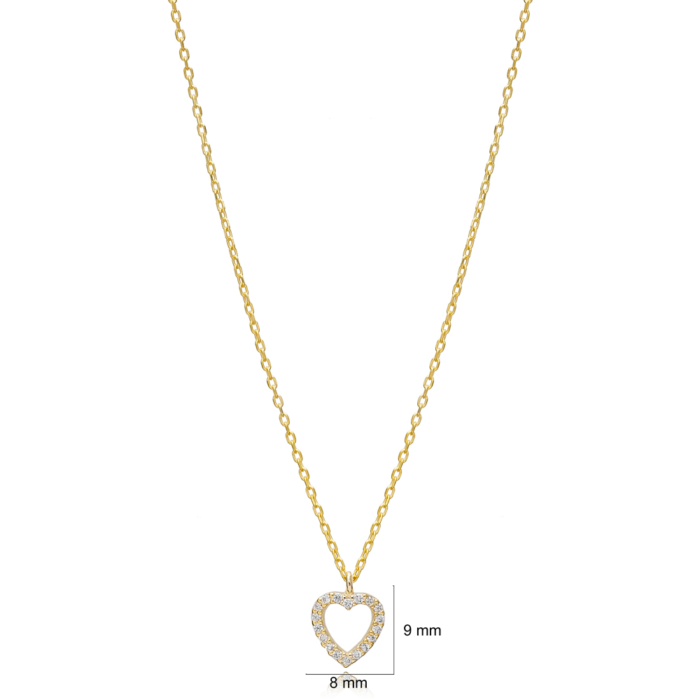 Tiny Hollow Heart Zircon Charm Necklace Pendant Turkish Wholesale 925 Sterling Silver Jewelry