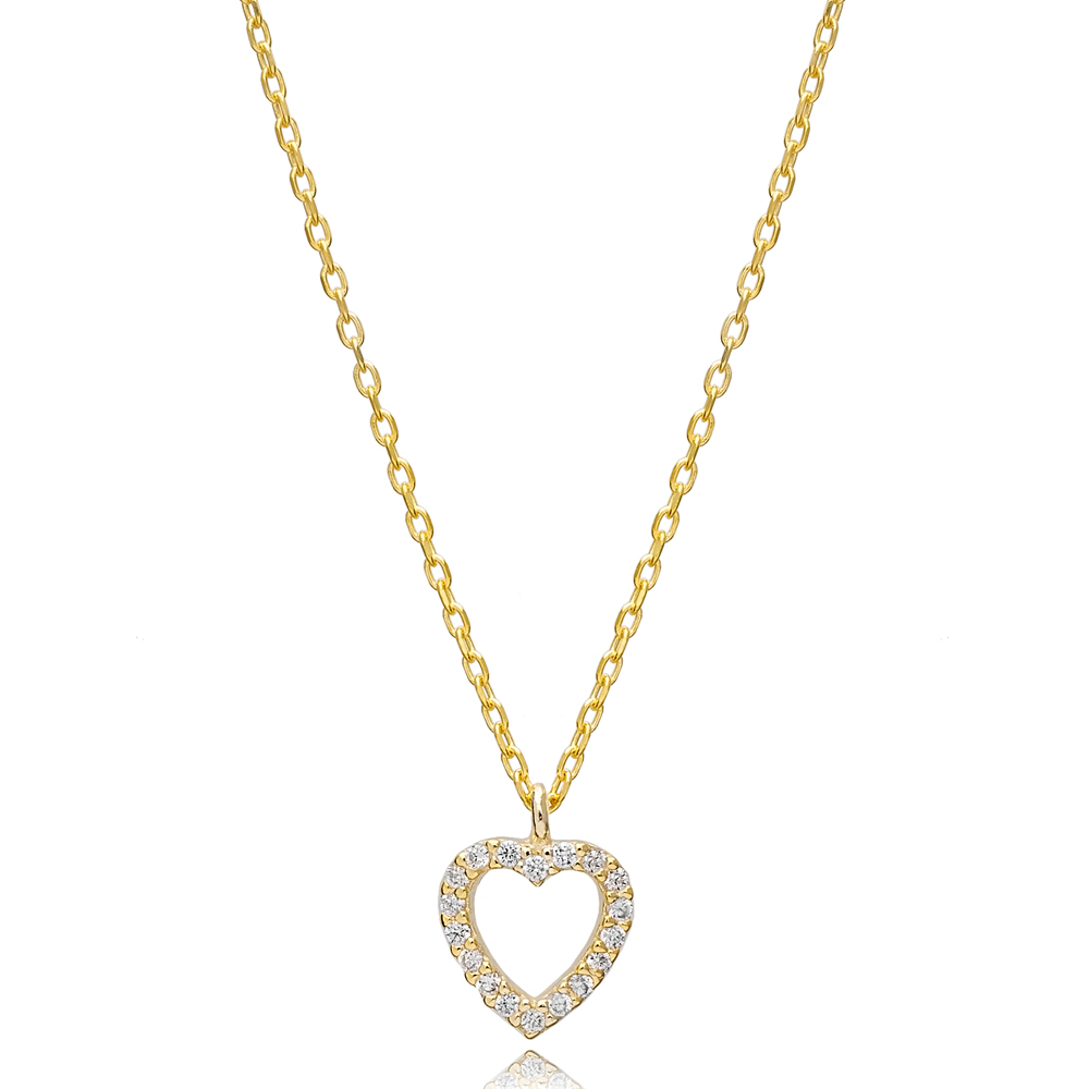 Tiny Hollow Heart Zircon Charm Necklace Pendant Turkish Wholesale 925 Sterling Silver Jewelry