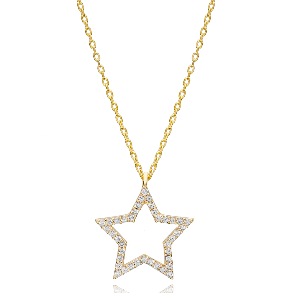 Hollow Star CZ Stone Charm Necklace Pendant Turkish Wholesale 925 Sterling Silver Jewelry