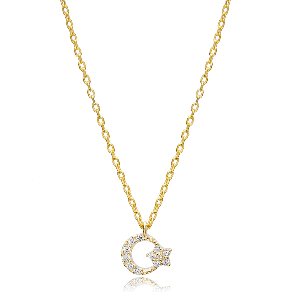 Tiny Moon Star Design Charm Necklace Pendant Handmade 925 Sterling Silver Jewelry