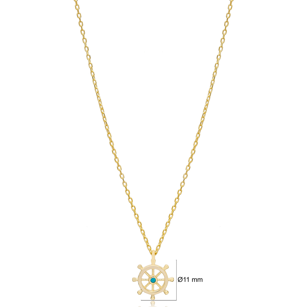 Rudder Helm Design Turquoise Charm Necklace Pendant Handcrafted 925 Sterling Silver Jewelry