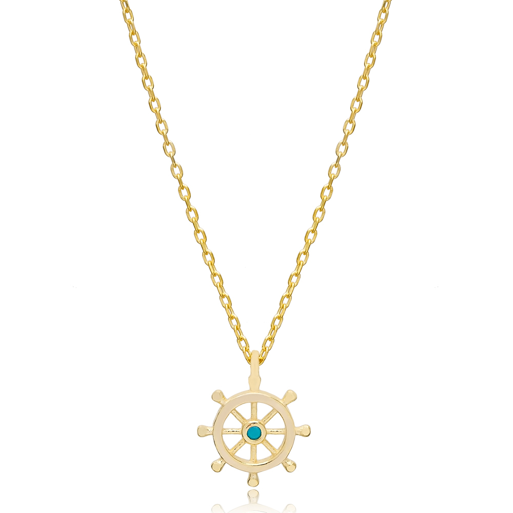 Rudder Helm Design Turquoise Charm Necklace Pendant Handcrafted 925 Sterling Silver Jewelry