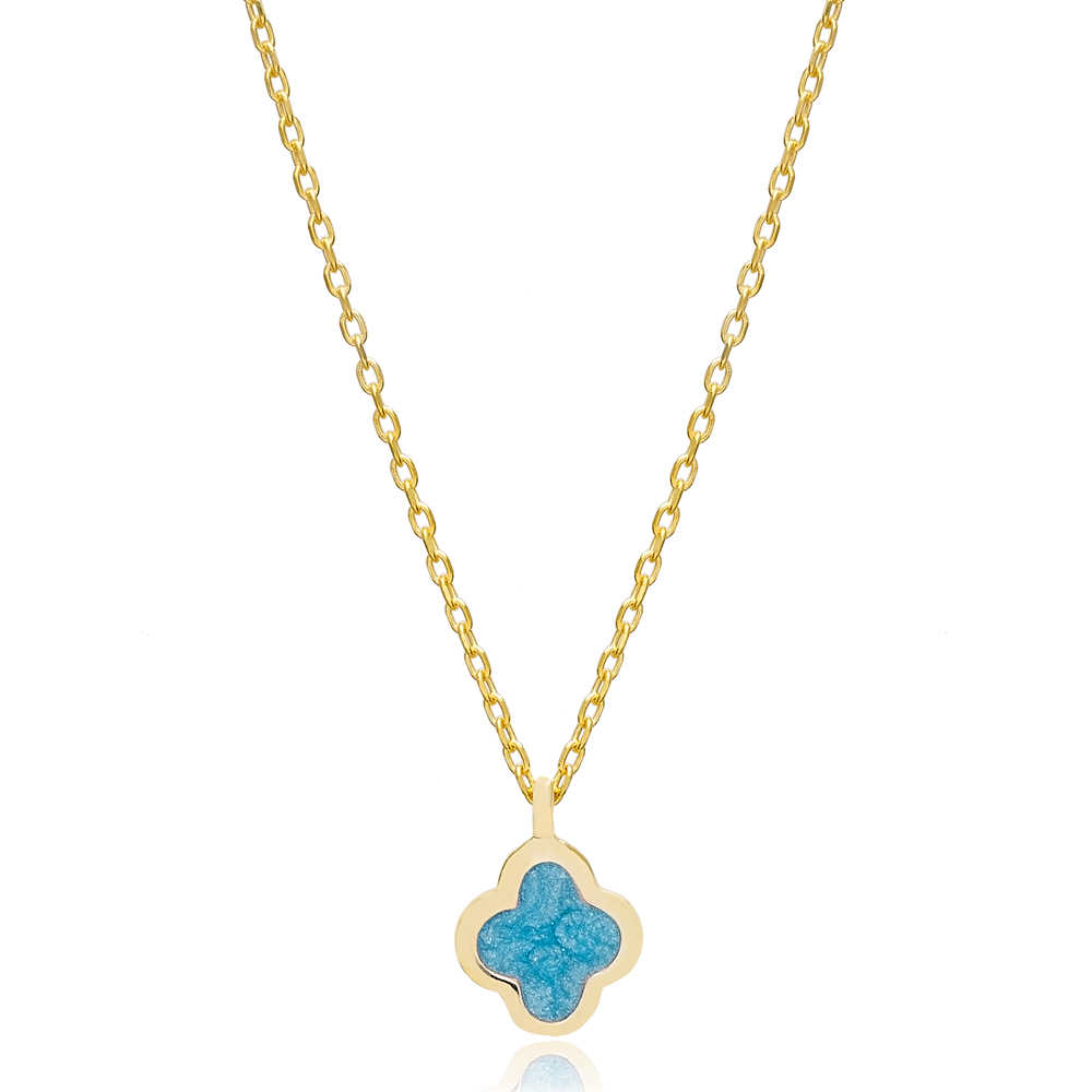 Blue Enamel Clover Charm Necklace Pendant Turkish Wholesale 925 Sterling Silver Jewelry