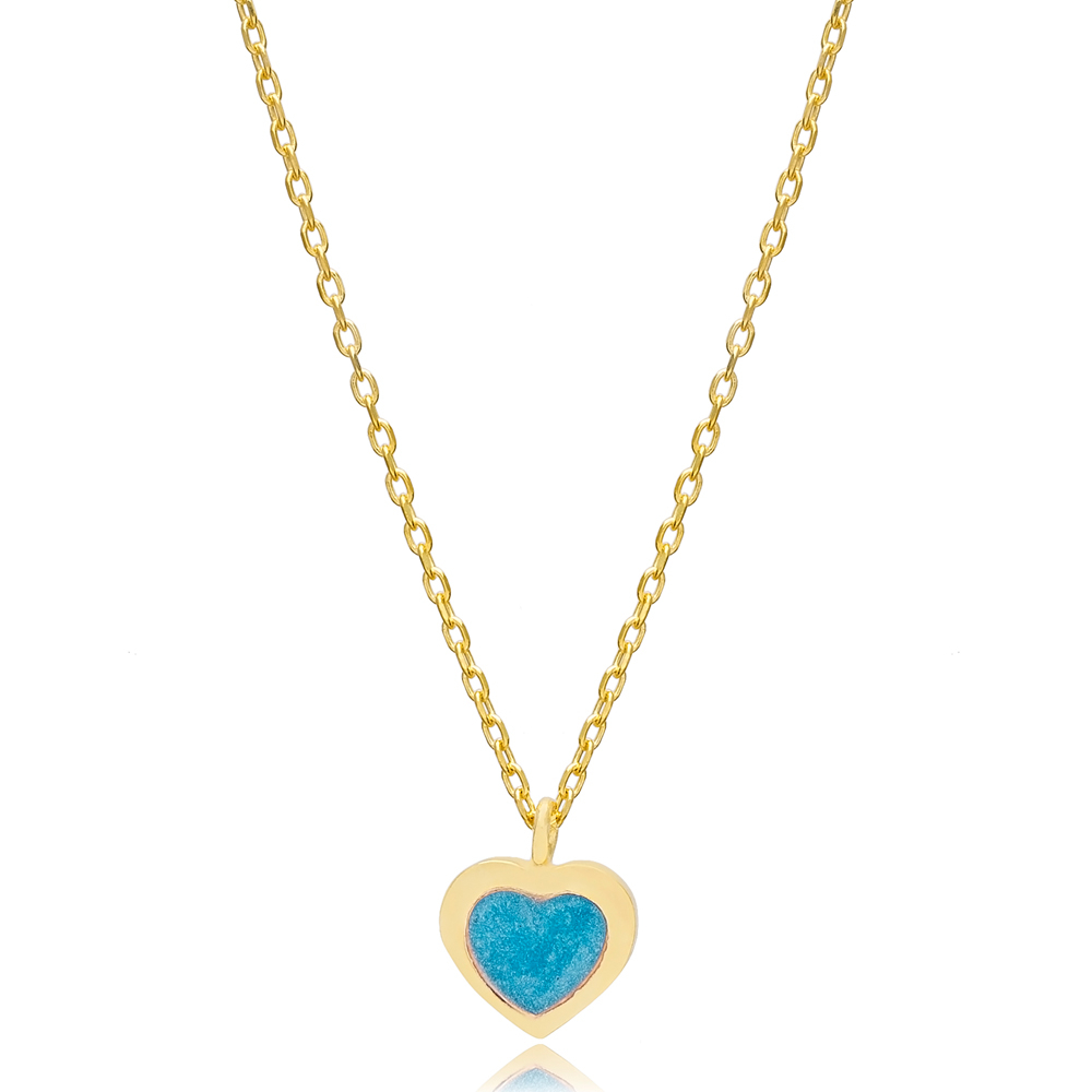 Blue Enamel Heart Design Charm Necklace Pendant Turkish Wholesale 925 Sterling Silver Jewelry