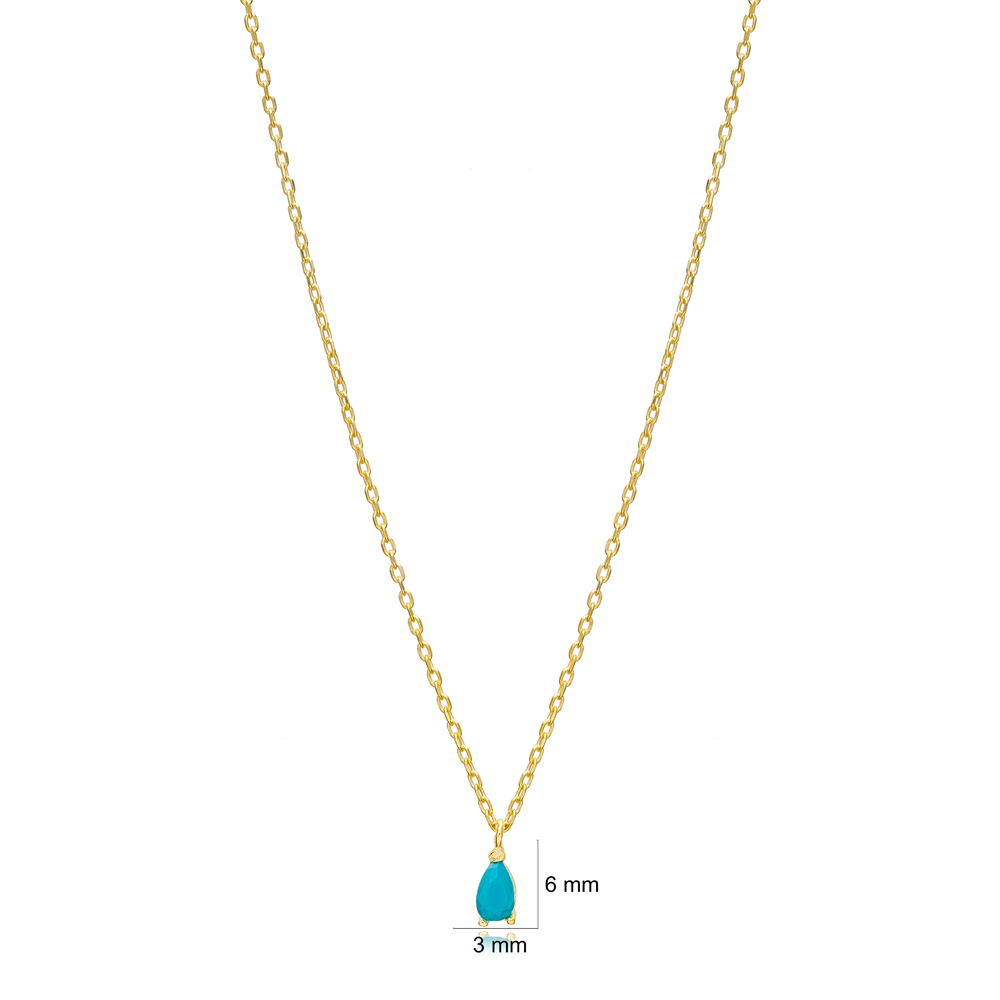 Turquoise Stone Pear Drop Charm Necklace Turkish 925 Sterling Silver Jewelry