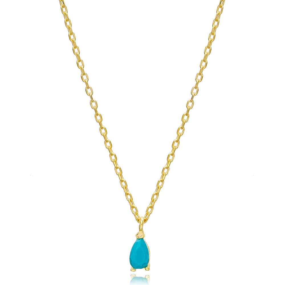 Turquoise Stone Pear Drop Charm Necklace Turkish 925 Sterling Silver Jewelry
