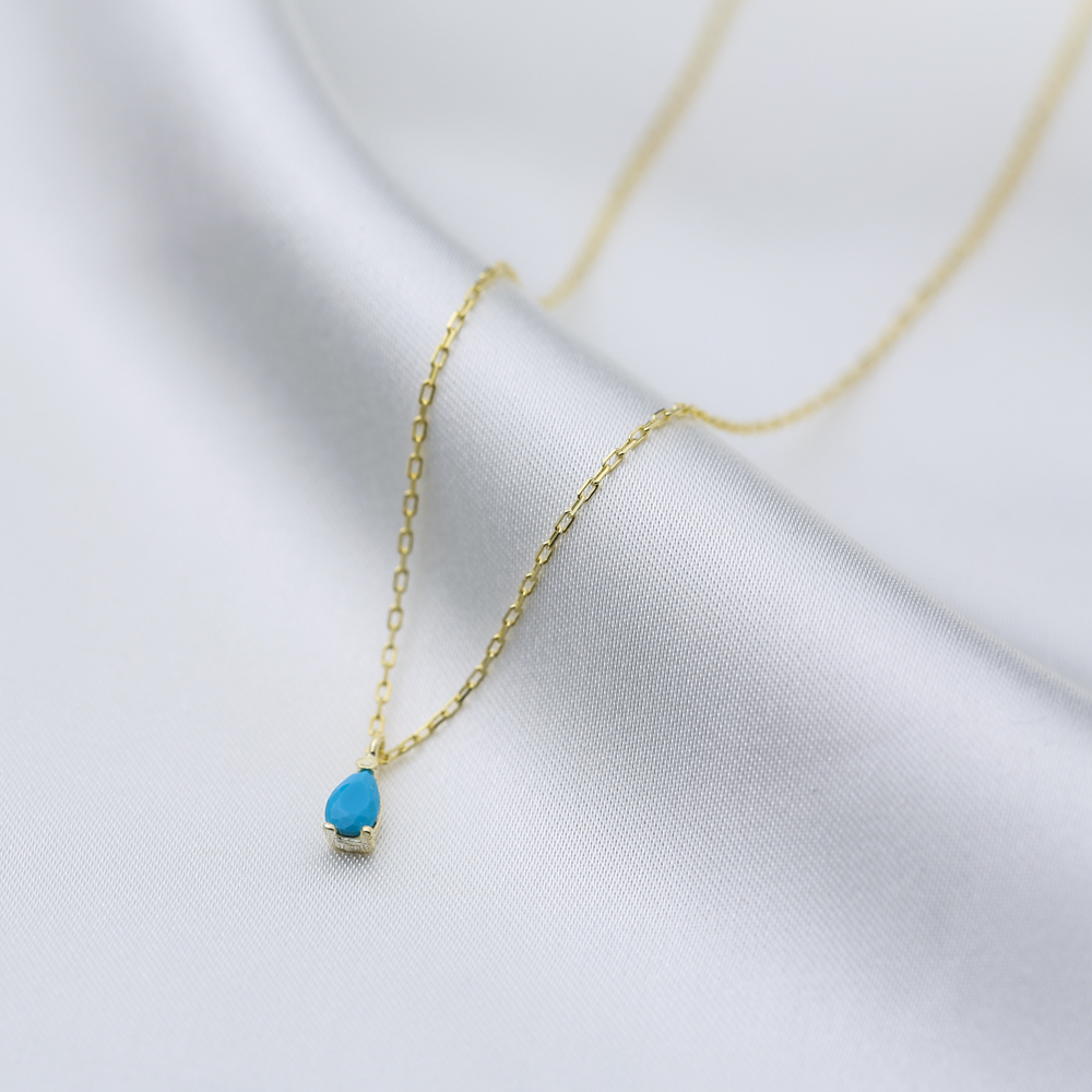 Turquoise Stone Pear Drop Charm Necklace Turkish 925 Sterling Silver Jewelry